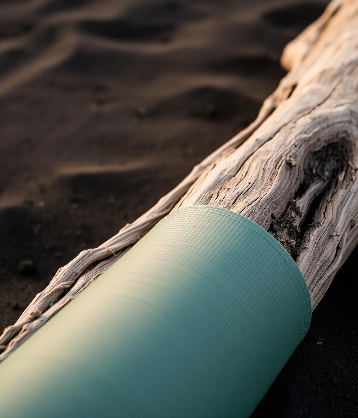 Mat de yoga sobre madera flotante en arena volcánica