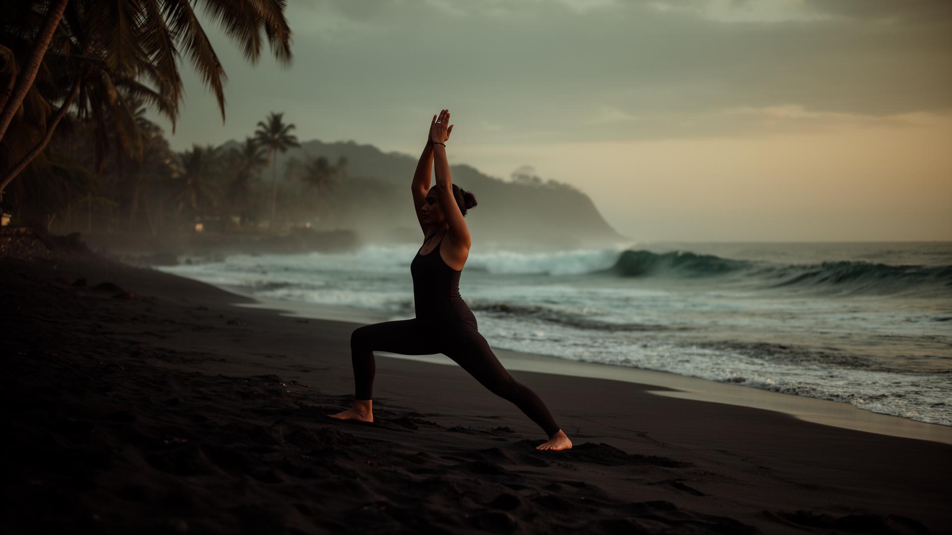 Mujer practicando Hatha Yoga en la arena volcánica de El Zonte al amanecer